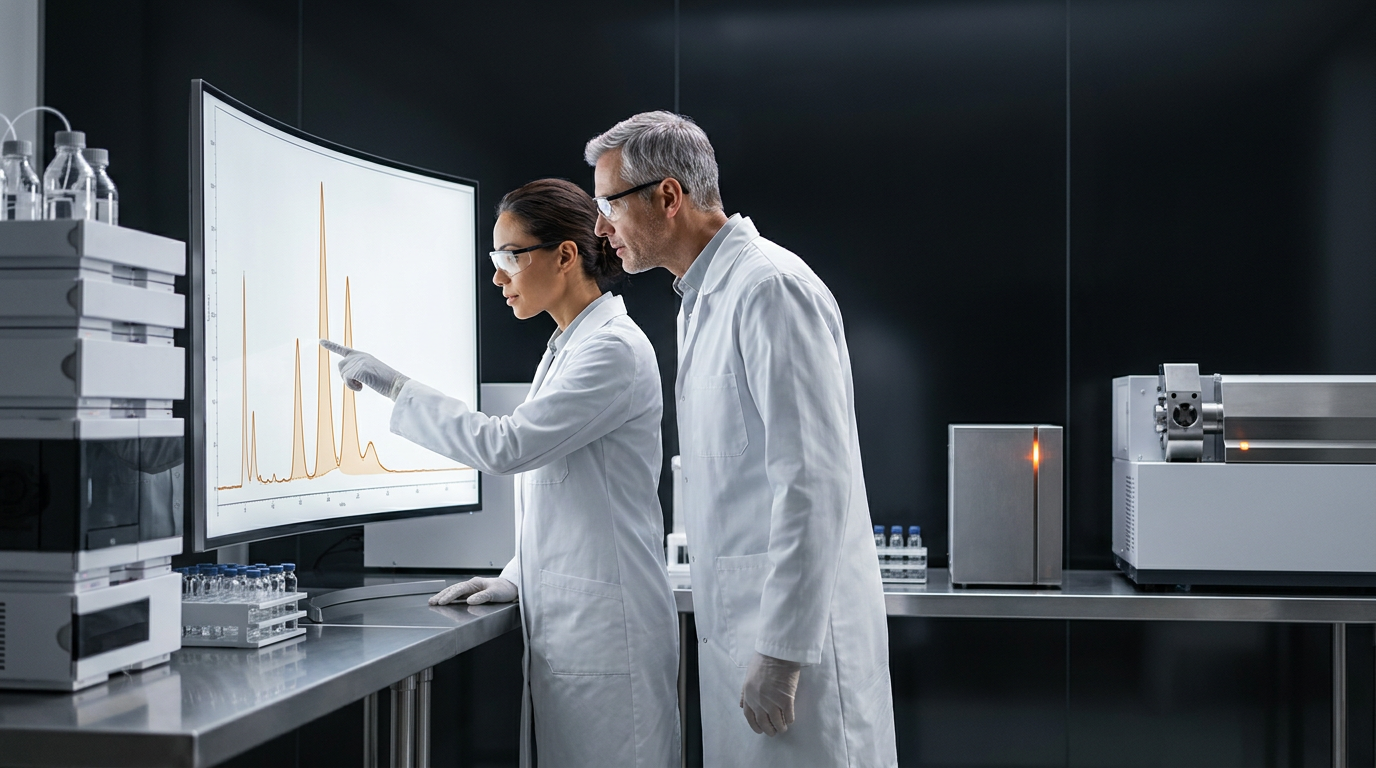 Two analytical scientists reviewing an HPLC chromatogram on screen