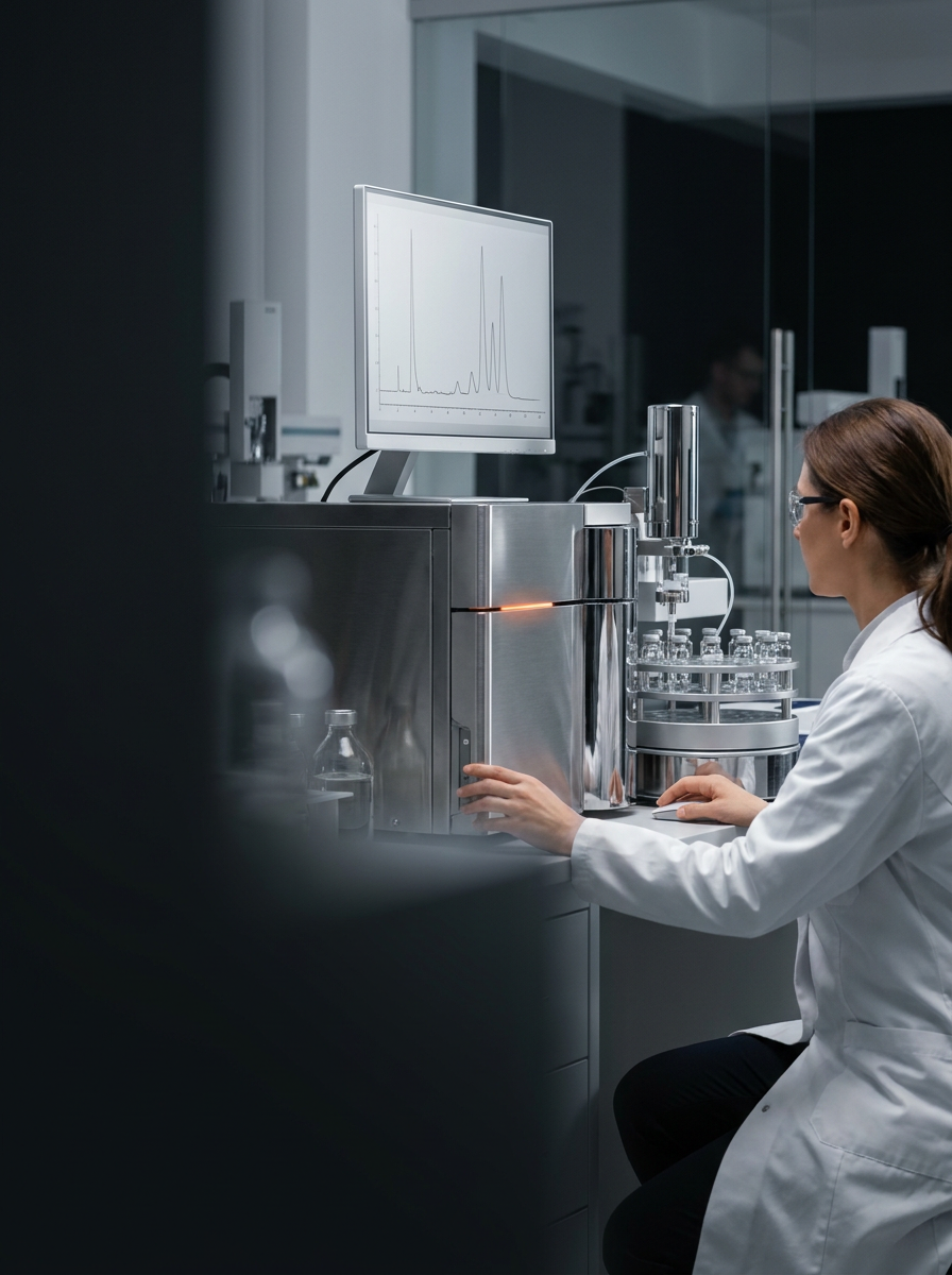 Analytical chemist operating an HPLC instrument at a laboratory bench