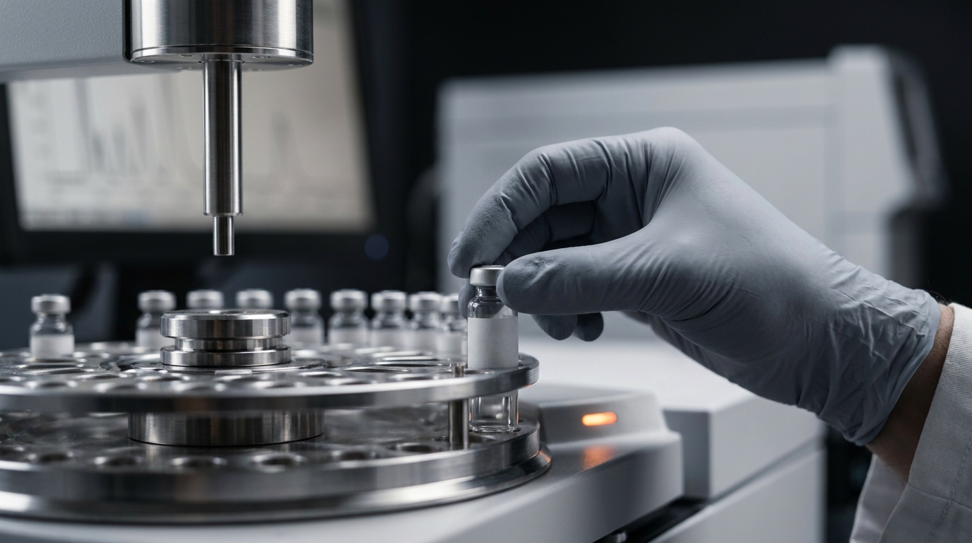 Gloved hand loading a sample vial into an HPLC autosampler
